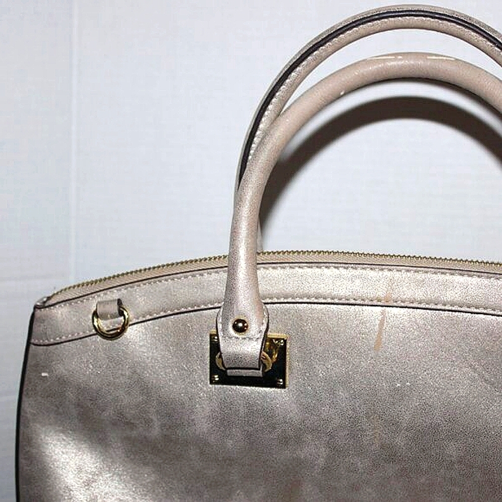 Anne Klein Metallic Satchel Handbag - Silver/Gray - Polka Dot Lining - Lion Logo - Picture 9 of 12